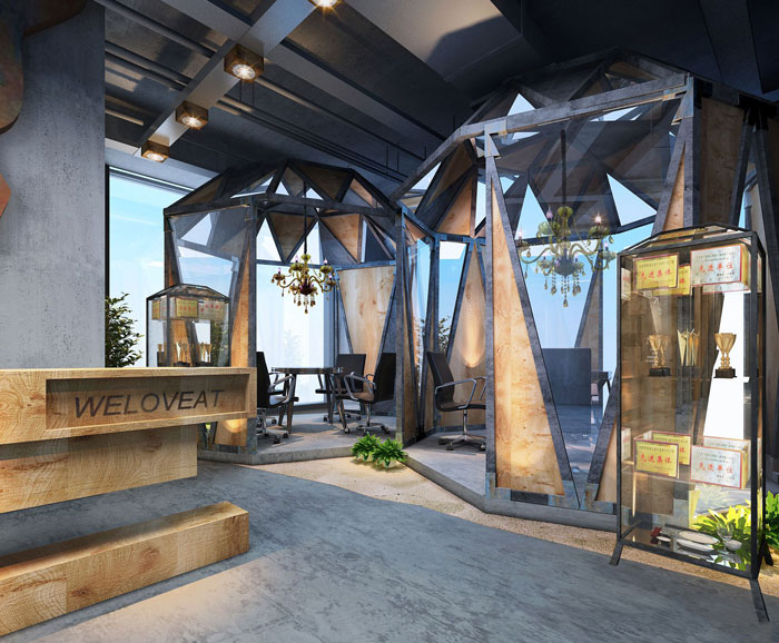 1100平方大型創意辦公室前臺接待裝修設計案例效果圖