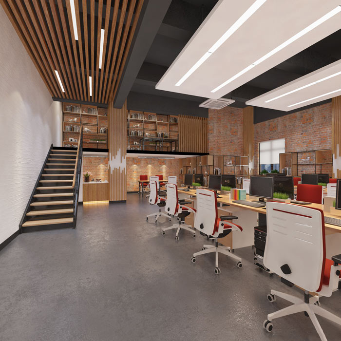 廠房loft風格辦公室一樓大廳裝修設計案例效果圖