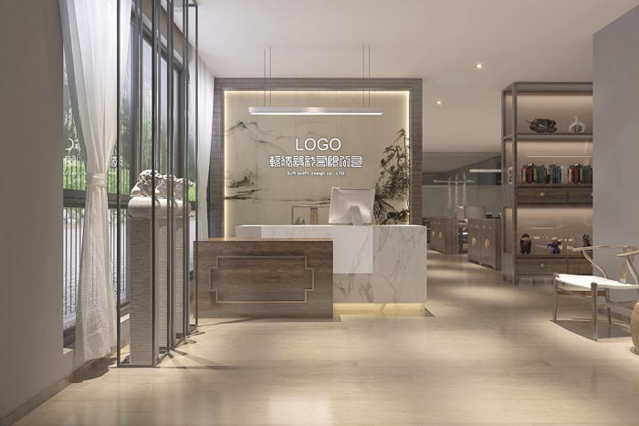 中式風格辦公室前臺裝修設(shè)計案例效果圖