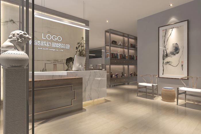 中式風格辦公室前臺接待裝修設(shè)計案例效果圖