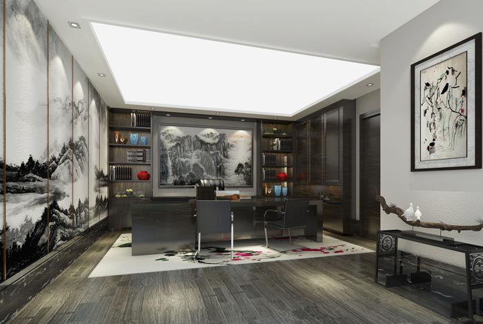 新中式進(jìn)出口貿(mào)易公司總經(jīng)理辦公室裝修設(shè)計(jì)案例效果圖