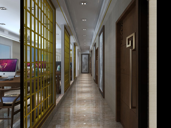 新中式風(fēng)格辦公室過道設(shè)計方案效果圖